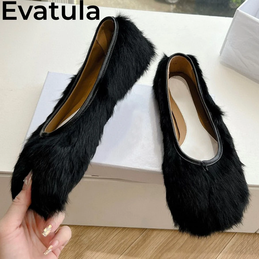 2024 Winter New Arrival Fluffy Fur Flat Shoes Women Split Toe Slip On Lazy Loafers Shoes Ladies Fashion Ballet Flat Shoes Female