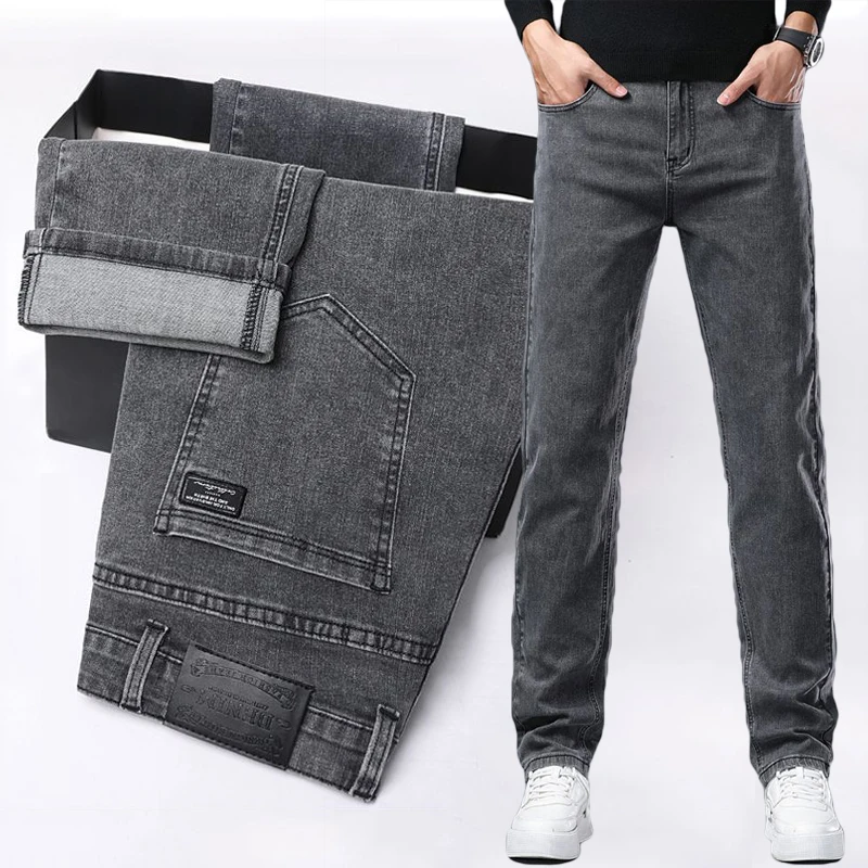 

Новые весенние мужские облегающие эластичные джинсы, модные серые удобные повседневные джинсовые брюки, корейские деловые прямые черные брюки