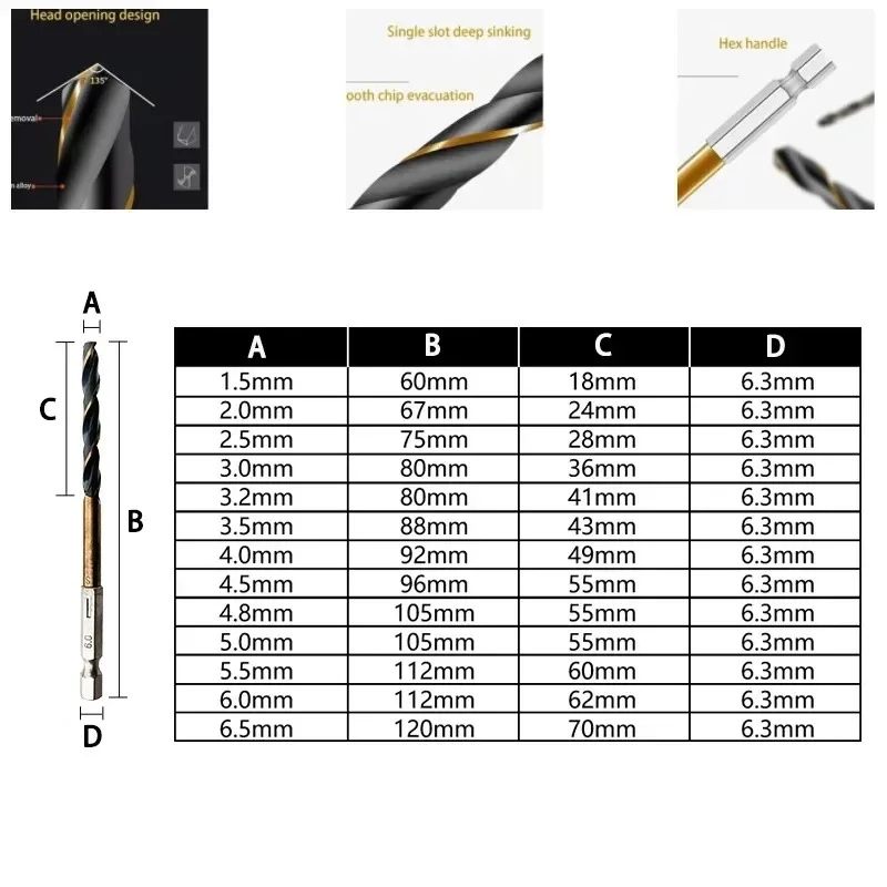 Imagem -03 - Titânio Revestido Hex Shank Twist Brocas Grupo Rolamento de Aço Superfícies de Madeira e Metal 1.56.5 mm 13 Pcs