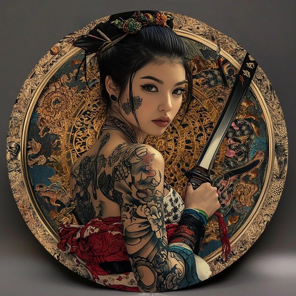 Japanese Female Samurai Metal Wall Art 8x8in - Floral Armor Design Vertical Hanging Decor Unique Cultural Gift for Home Bar
