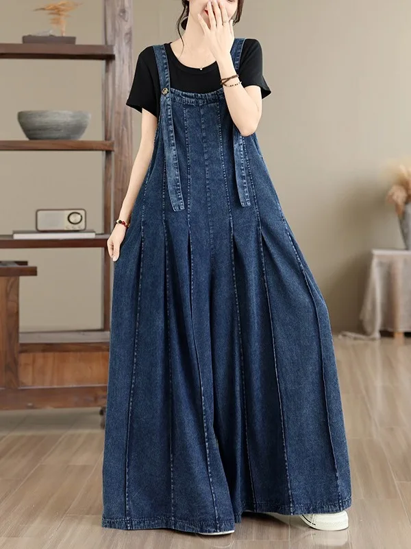 Retro Loose Fit Long One-Piece Denim Overalls plus Size Women's Wide Leg Pants Casual Cotton Polyester Blend Denim Jeans