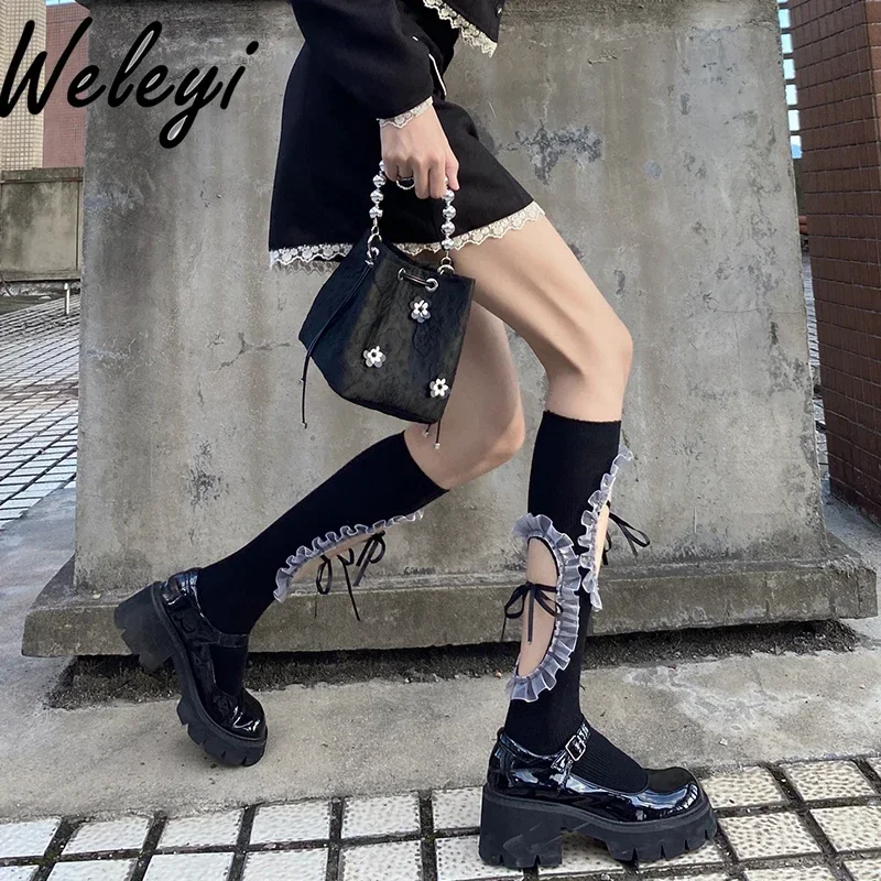 Lolita Cut Mid Length Socks for Women 2024 Spring and Summer New Women's Kawaii Lace Long Leg Ties with Black Lace Calf Socks