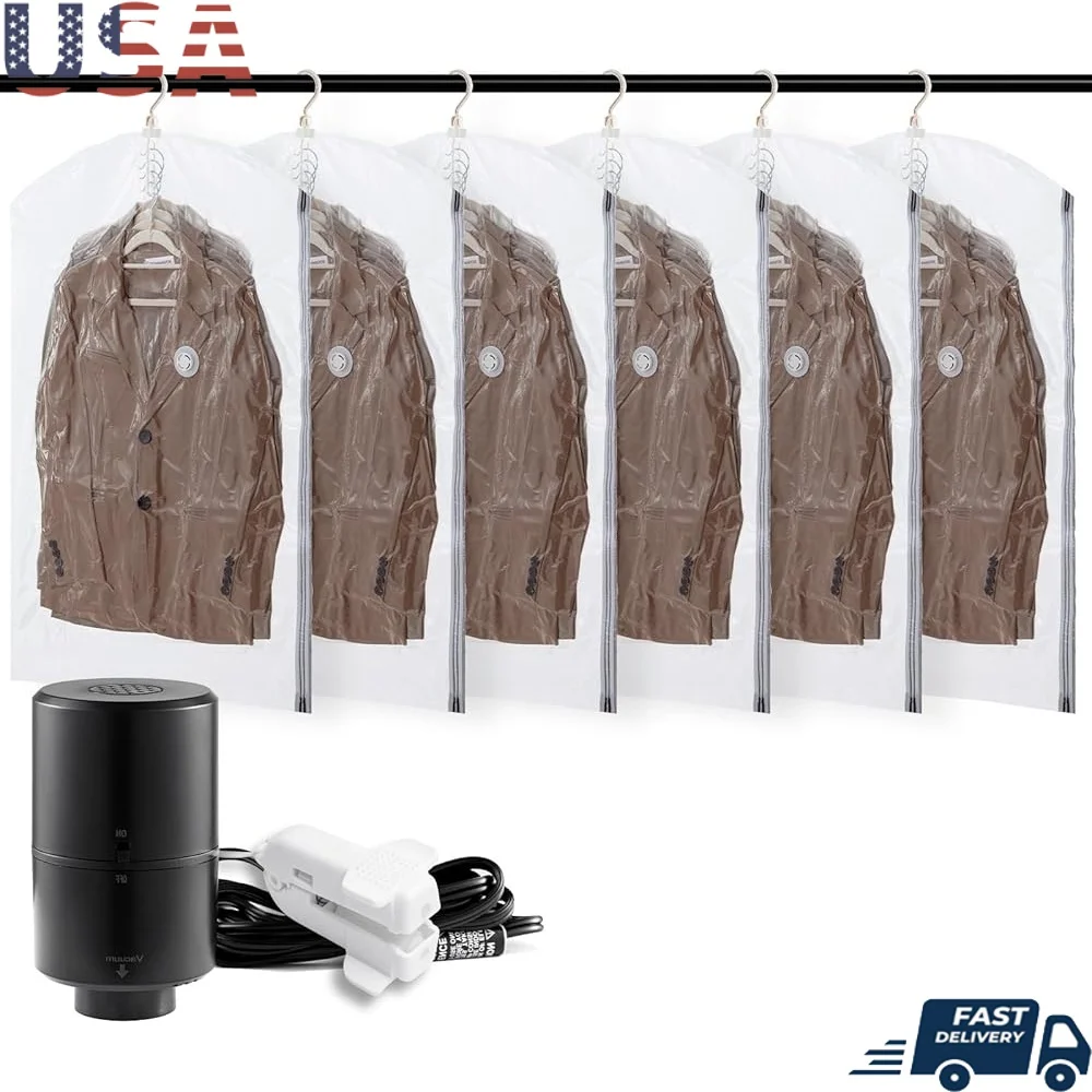 

Vacuum Sealer Storage Bags with Electric Pump Hanging Space Saver Clothing Coats Closet Organizer 6 Pack