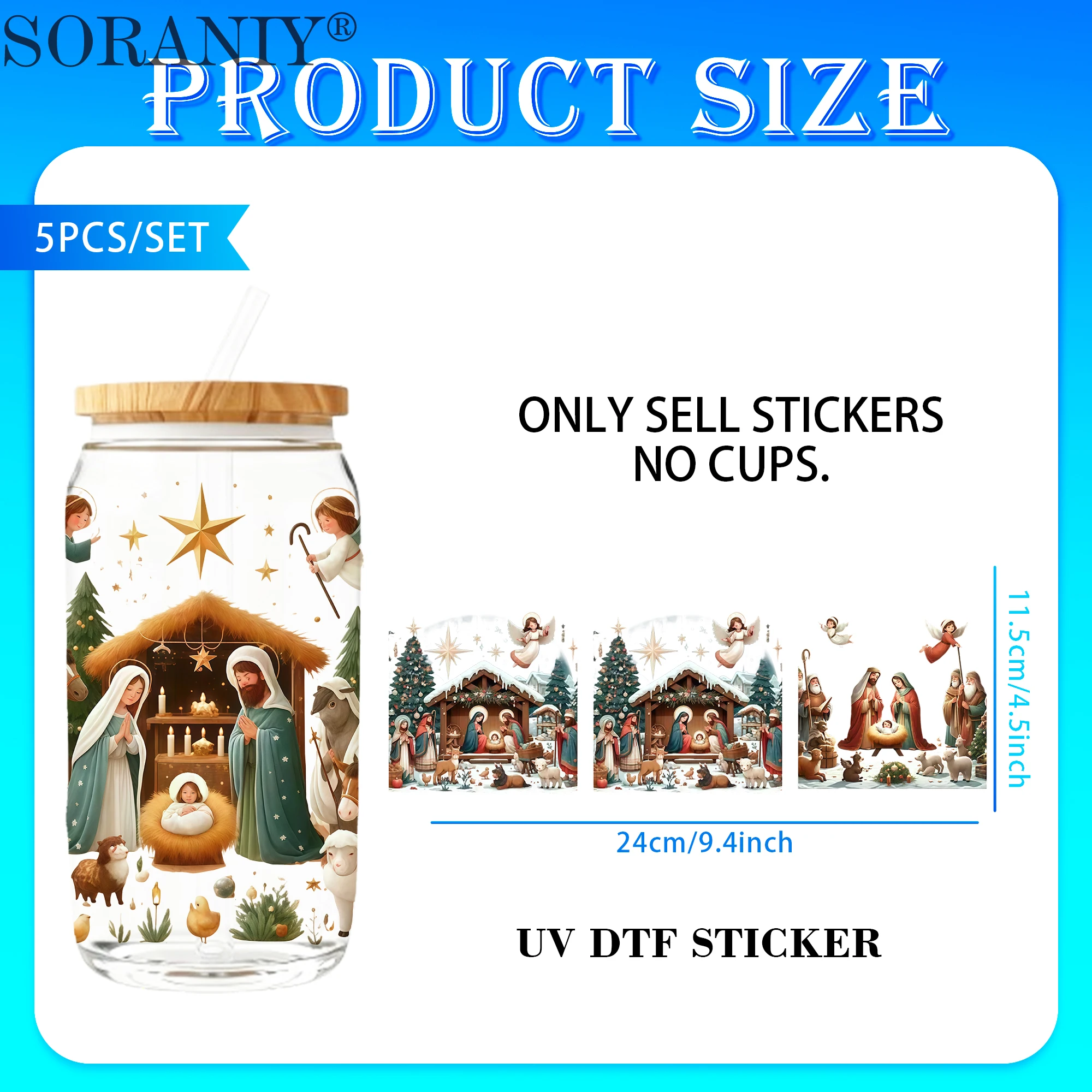 UV DTF 16OZ DIY Transfer Stickers - 5 Pieces/Set Scene of the Birth of Jesus Theme 16 Oz Glass Jar Packaging Transfer Decorative