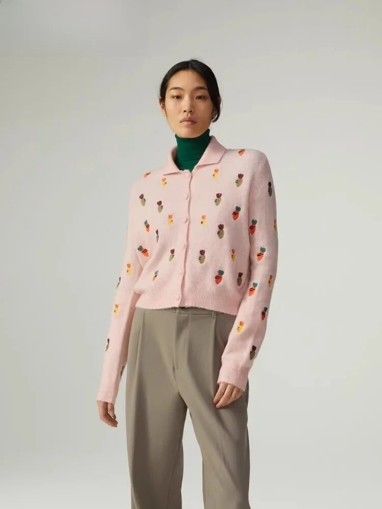 

Spring 2024 Women's Knitted Sweater Carrot Embroidery Cardigan Sweet Sle Regular Fit Polyester Fiber Open Front Casual Wear