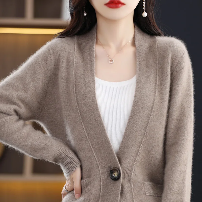 Autumn/Winter 2023 Women\'s Cashmere Sweater V-neck Knitted Jacket Fashion Korean 100% Merino Woolen Garment Top Casual Large