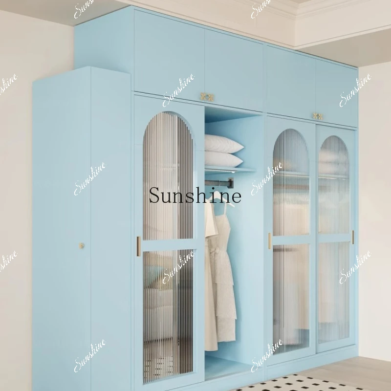 Light blue to the top wardrobe bedroom simple sliding door design wardrobe small apartment storage storage combination  FT