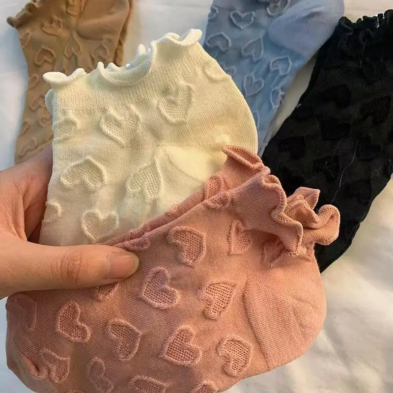 1/5 Pair Ruffled Heart-Shaped Printed Women Socks Fashionable Sweet Style Comfortable Sweat Absorbing Breathable Casual Socks