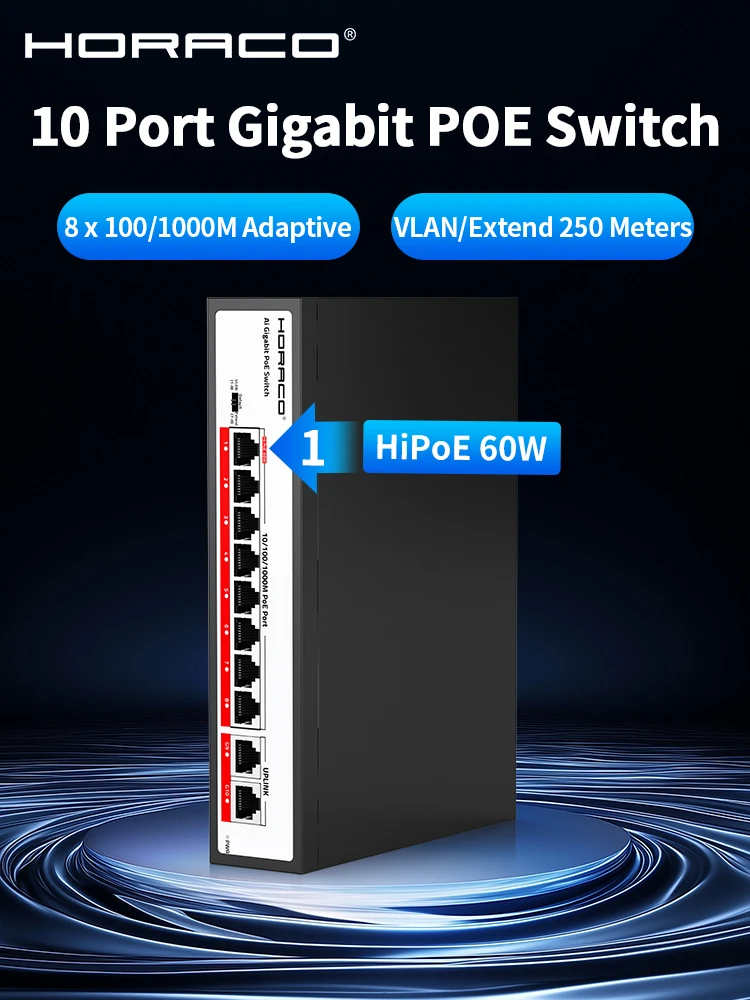 HORACO commutateur POE Gigabit 10 ports commutateur réseau POE actif 1000Mbps 120W pour caméra IP, NVR, Surveillance, vidéosurveillance, caméra POE