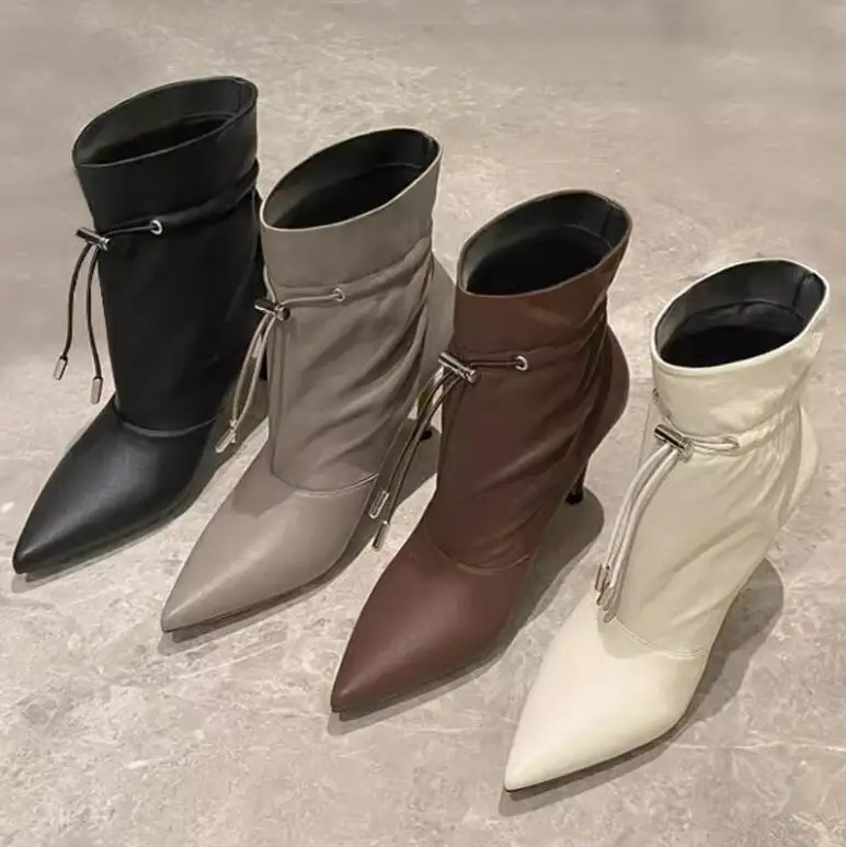 Stretch Fabric Patchwork Elastic Pull On Ankle Boots 6 8 10 Cm High Heel Pointed Toe Boots Mujer Zapatos Brown White Short Boots