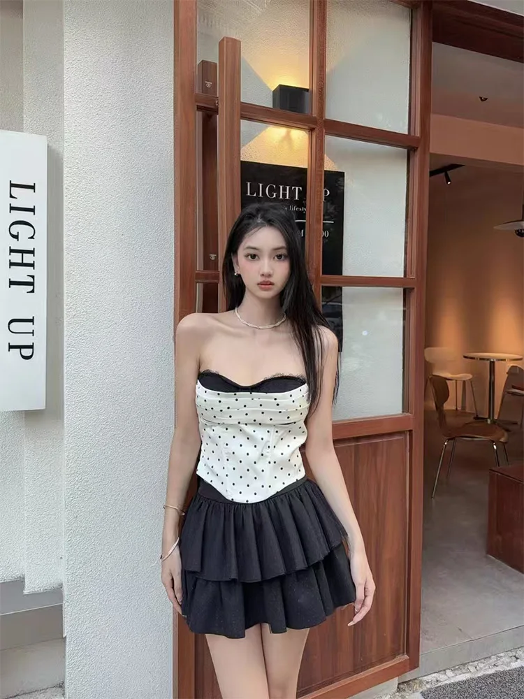 

Black Polka Dot Bridesmaid Dresses Women's Sexy Cake Skirt Set Slimming Effect Syj Pure Desire Style plus Size Korean Style