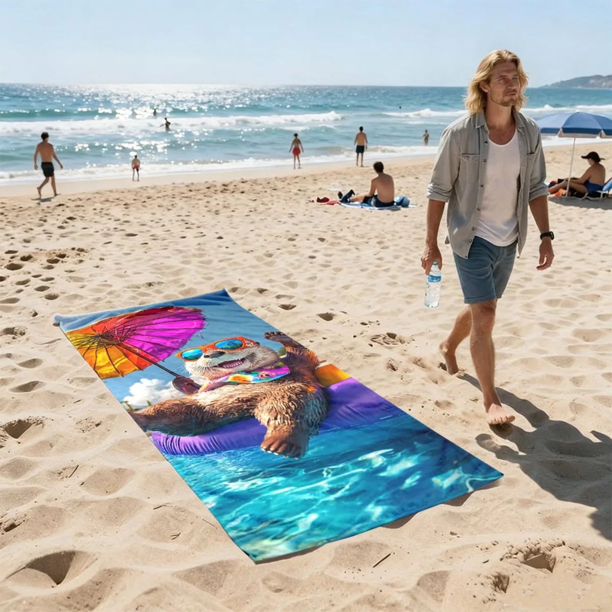 Cute vacation-themed water rat theme polyester microfiber beach towel is highly absorbent, suitable for swimming beach outings