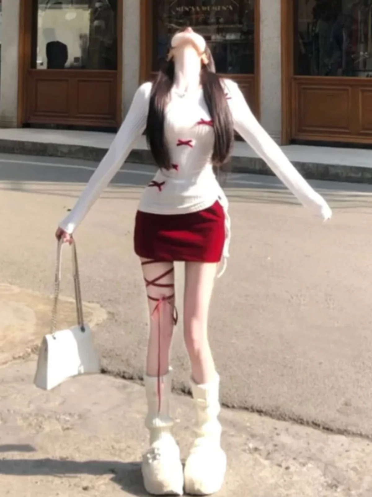 

Корейский стиль: красный комплект с юбкой-оберткой, красивый костюм из хлопка с длинными рукавами и круглым вырезом, удобный, для молодых женщин, на свидание, осенняя одежда