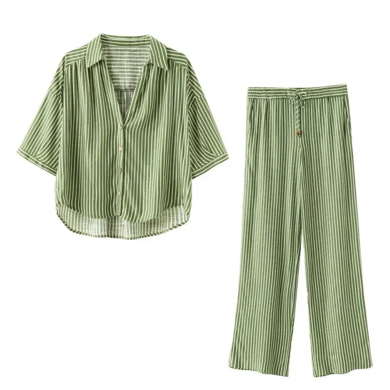 

Трансграничная внешняя торговля, европейская и американская женская мода, летняя новая полосатая рубашка из смеси льна, комплект широких брюк