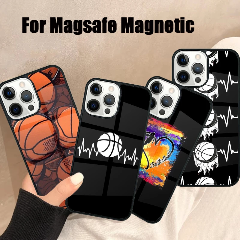 Basketball Heart Beat Magsafe Phone Case For iPhone 16 15 14 13 12 11 Pro Max Plus Mini Mirror Wireless Magnetic Cover