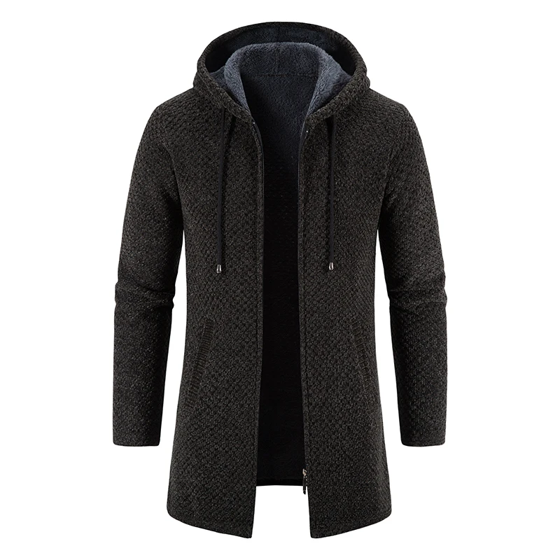 Men\'s Winter Trench Coat Long Knit Sweater Jacket Fleece Warm Hoodies Beige Business Casual Cardigan Zipper Jumper Overcoat