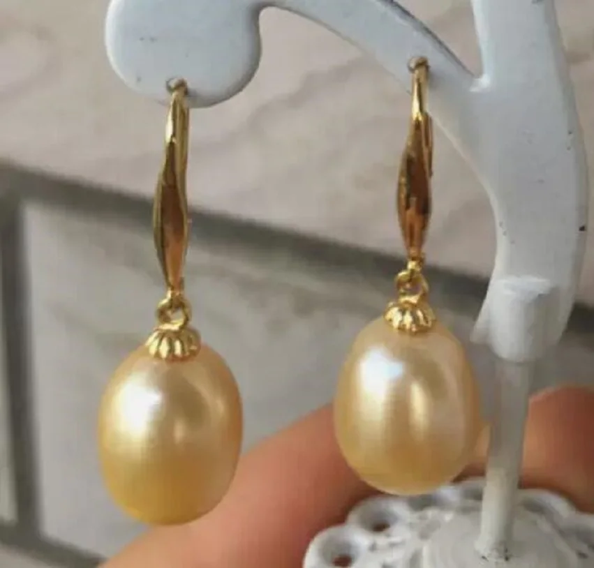 

Красивые серьги с золотистыми жемчужинами AAA 10-12 мм южного моря, Золотой крючок 14kp