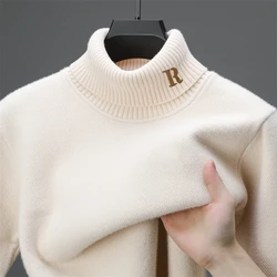 high-end luxury brand High neck sweater men's fashion R letter embroidered casual Korean winter new plush warm knit pullover