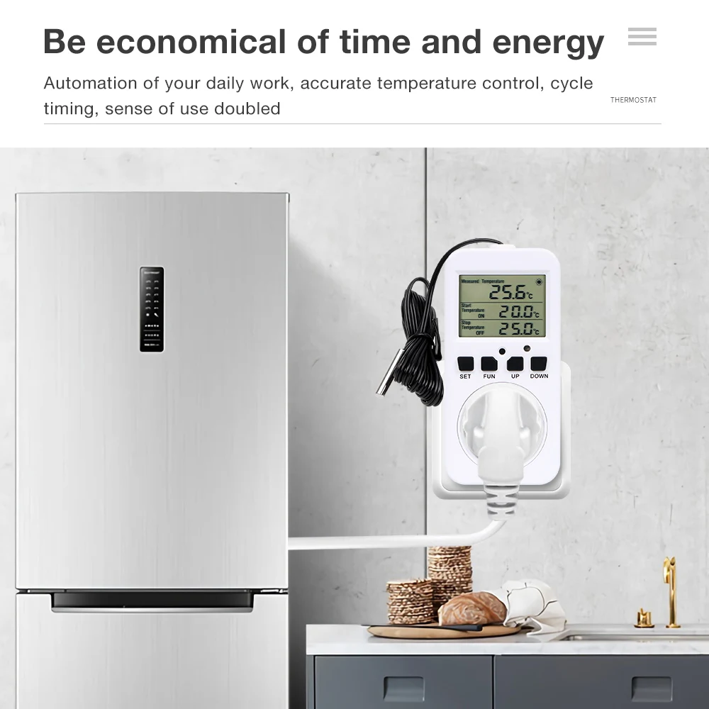 AC230V متحكم في درجة الحرارة المقبس مع الموقت ترموستات رقمي منفذ التبديل دقة التدفئة التبريد منظم ميزان الحرارة