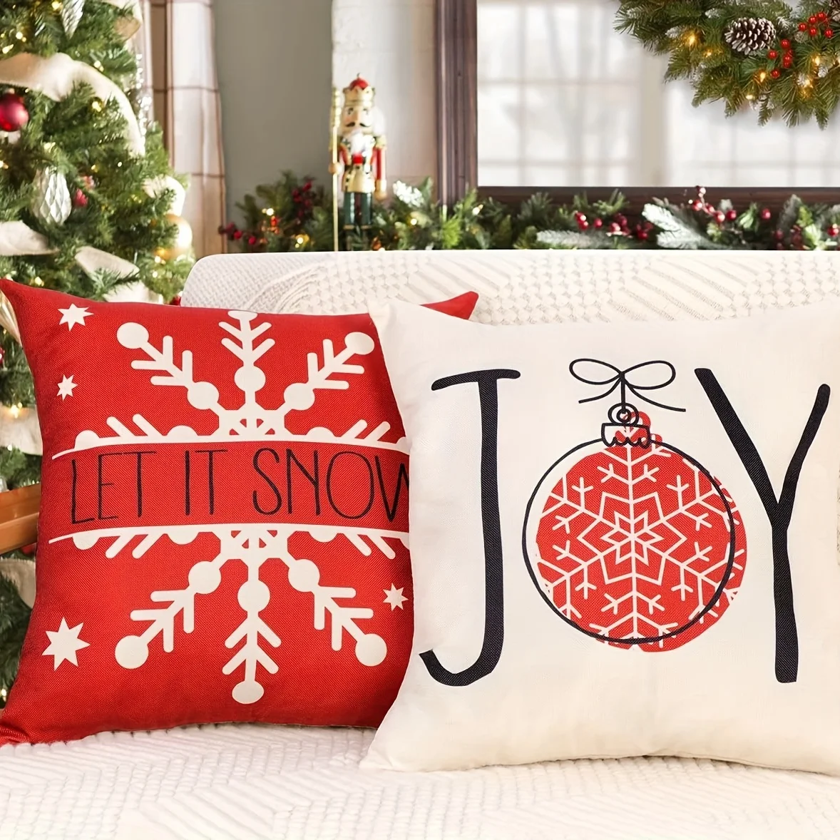 Christmas Red Pillow Cover - Snowflake Jolly Ornament | Winter Holiday Decor, Bed/Sofa/Living Room