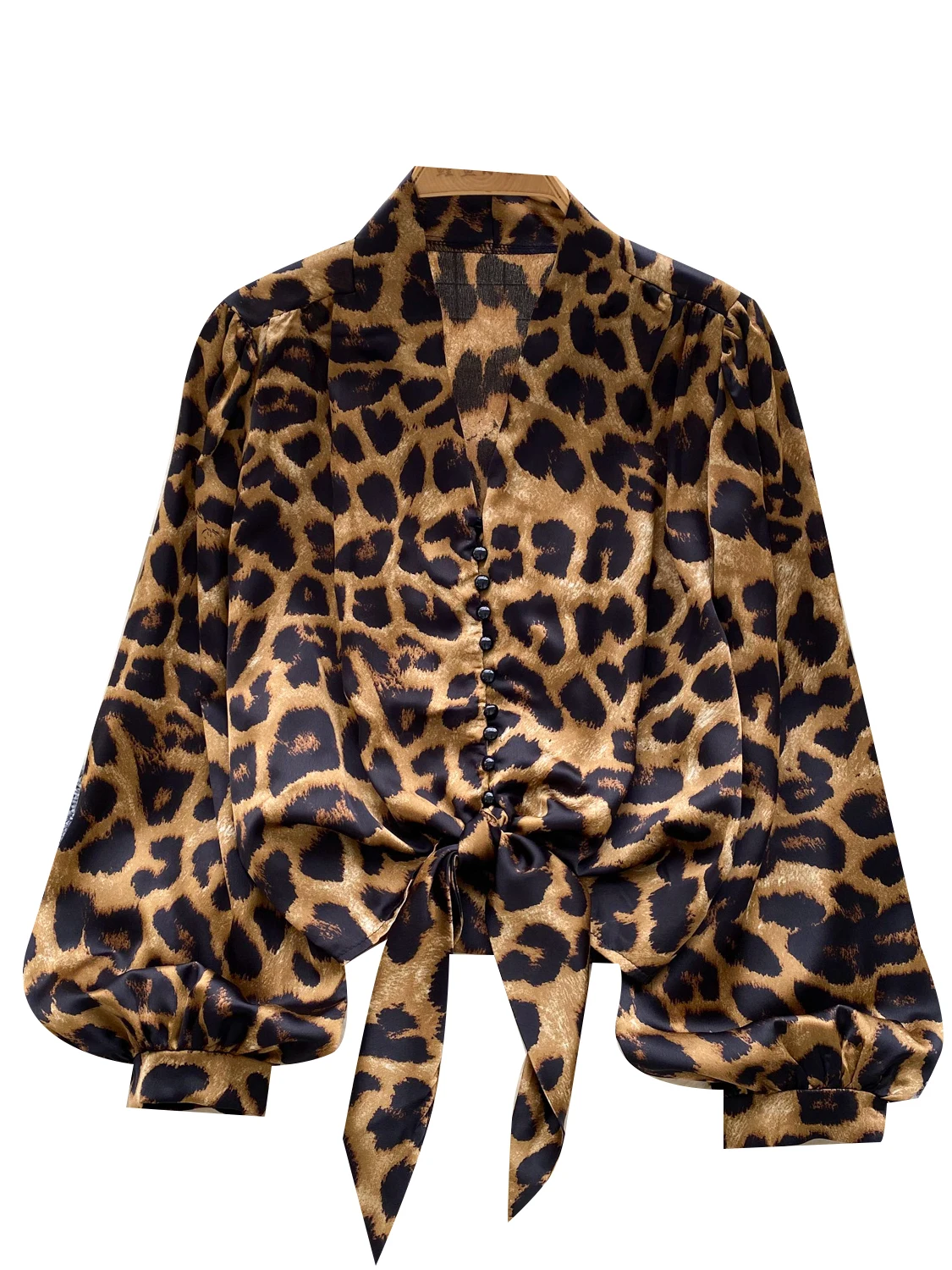 Casual Loose V-ne irt Belt Design Lantern Sve Leopard Print Top Faionable Korean Sle Atmungsaktive Polyesterfaser