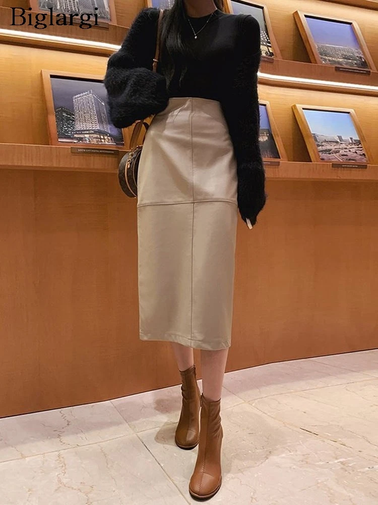 

PU High Waist Autumn Skirt Women Korean Style Loose Ladies Leather Skirts Fashion Split Elegant Woman Straight Skirt