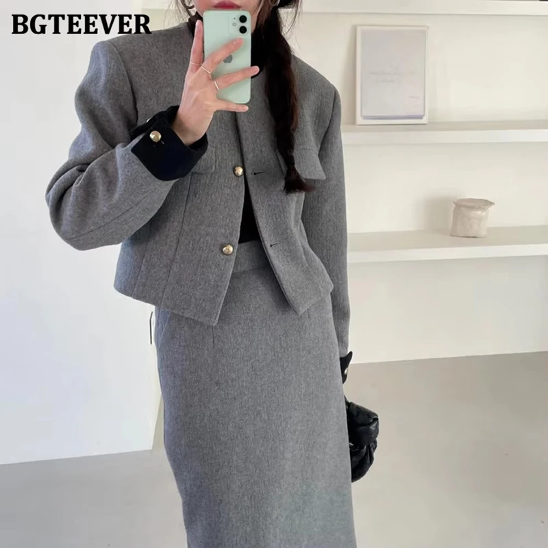 

BGTEEVER осенне-зимний женский комплект из двух предметов с юбкой, элегантные шерстяные куртки с длинными рукавами и прямые шерстяные юбки с высокой талией и разрезом