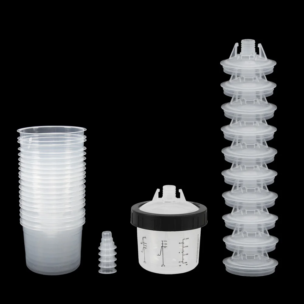 

180ml Disposable Paint Mixing Cup Set 20 Liners 10 Lids 5 Sealing Plugs 1 Hard Cup 1 Retainer Ring Clear Plastic Spray Gun Measuring Cups with Scale for Automotive Painting Car Coating