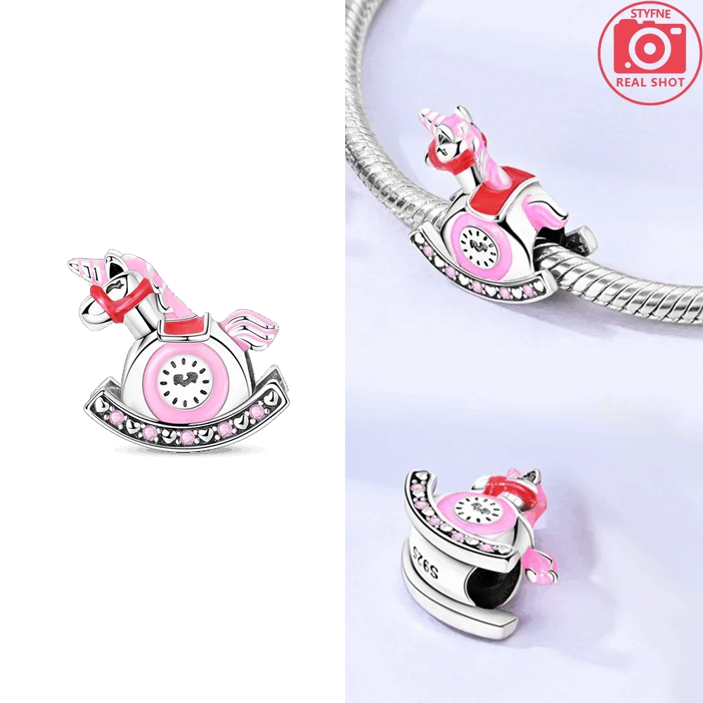 الوردي خشبية الحصان ساعة الخرز 925 فضة الخرز الأصلي صالح الأصلي 925 سحر خرز سوار مجوهرات هدايا للنساء