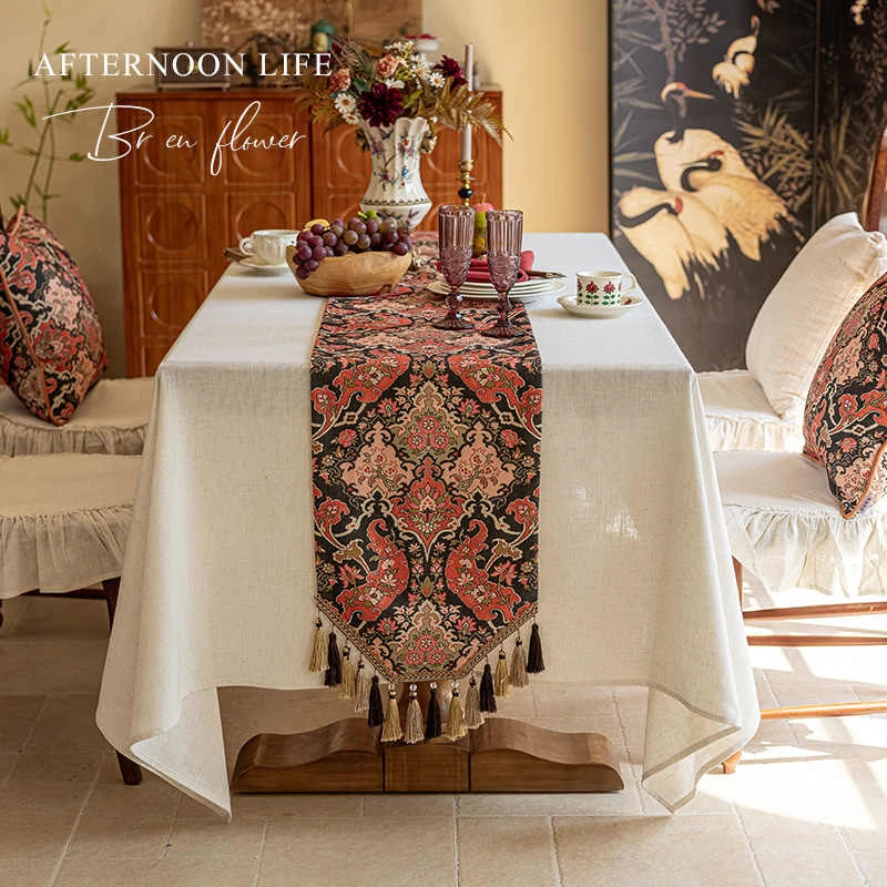 

Diningtable Table Runner Retro Pattern Coffeetable Tablecloth Home Decoration Tassel Flower Brown Red Luxury Cabinet Tablerunner