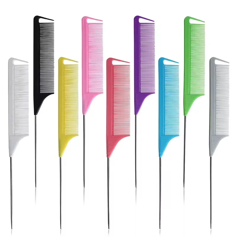 

Broken teeth pick dye comb, hair salon design, steel needle pointed tail, plastic comb, high temperature resistant and anti-stat