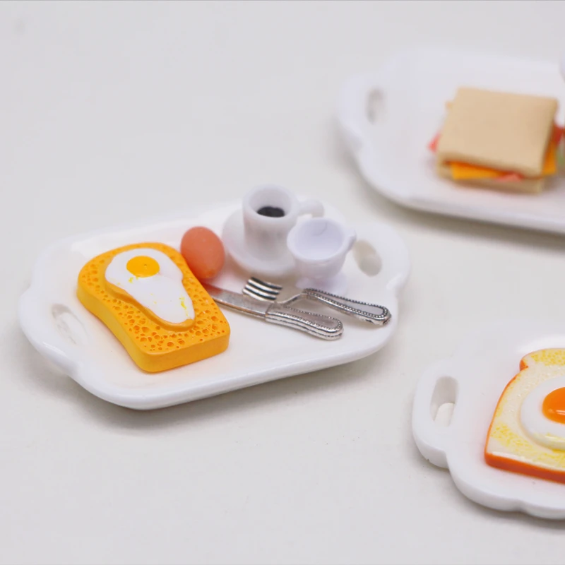 Dollhouse Miniature Breakfast Hamburger Croissant Butter Bread Toast Milk Egg Coffee Knife Fork Spoons with Tray Kitchen Food