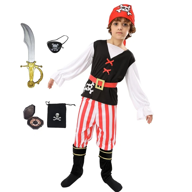 

Boys Pirate Costume Captain Jack Pirate Cosplay Halloween Party Dress Up Set Boy Adventure Robbery Costume Accessories Gift