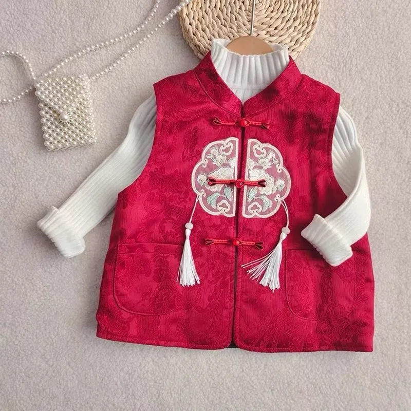 Girls' New Chinese style Ancient Vest Children's Red New Year's Clothing Kids' Plate Button Embroidered Tang Costume Vest LJ370