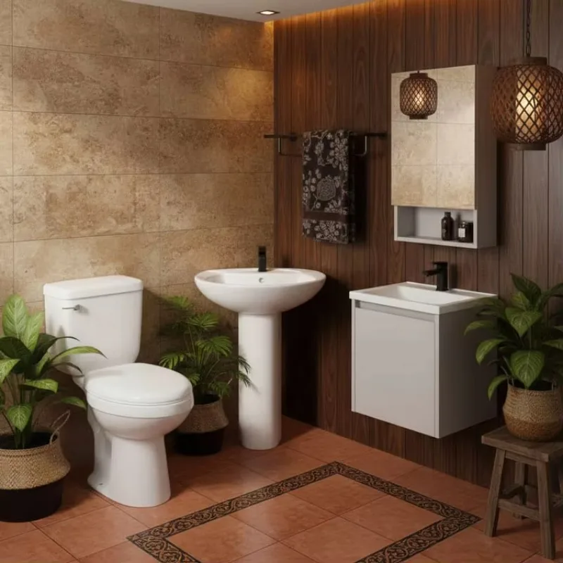 Home design: Overall bathroom full set 2-piece toilet PVC vanity cabinet pedestal sink basin towel rack