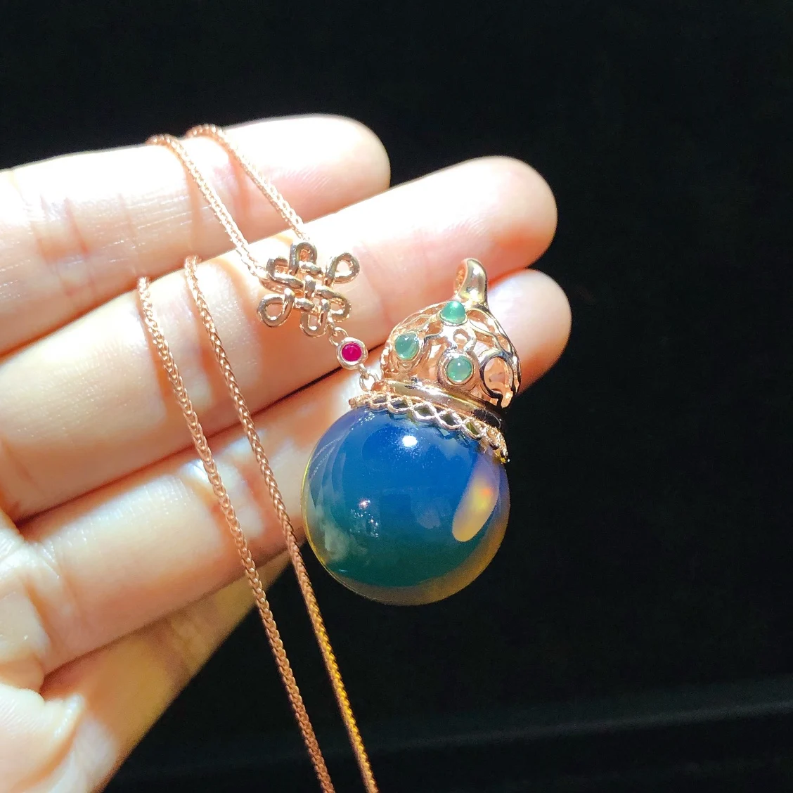 Natural Mexican Blue Amber Pendant Sterling Silver 20mm Hollow Filigree Gourd Calabash Necklace for Women