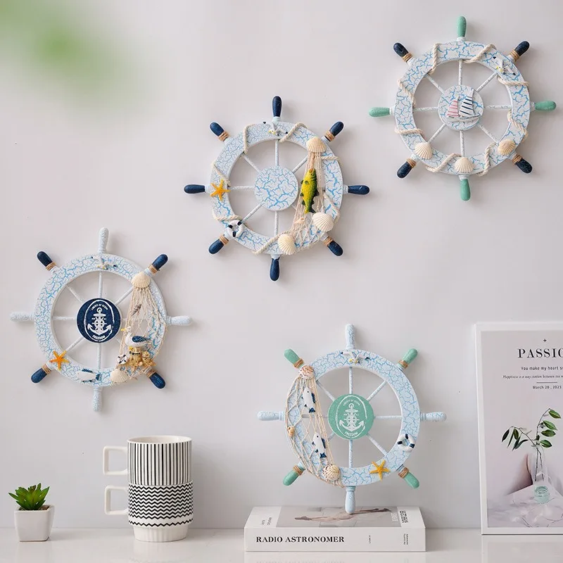 ​​​​​​​28cm Mediterranean Style Cracked Durable Wooden Ship Wheel Wall Decor Nautical Rudder Hanging Ornament for Home Cafe