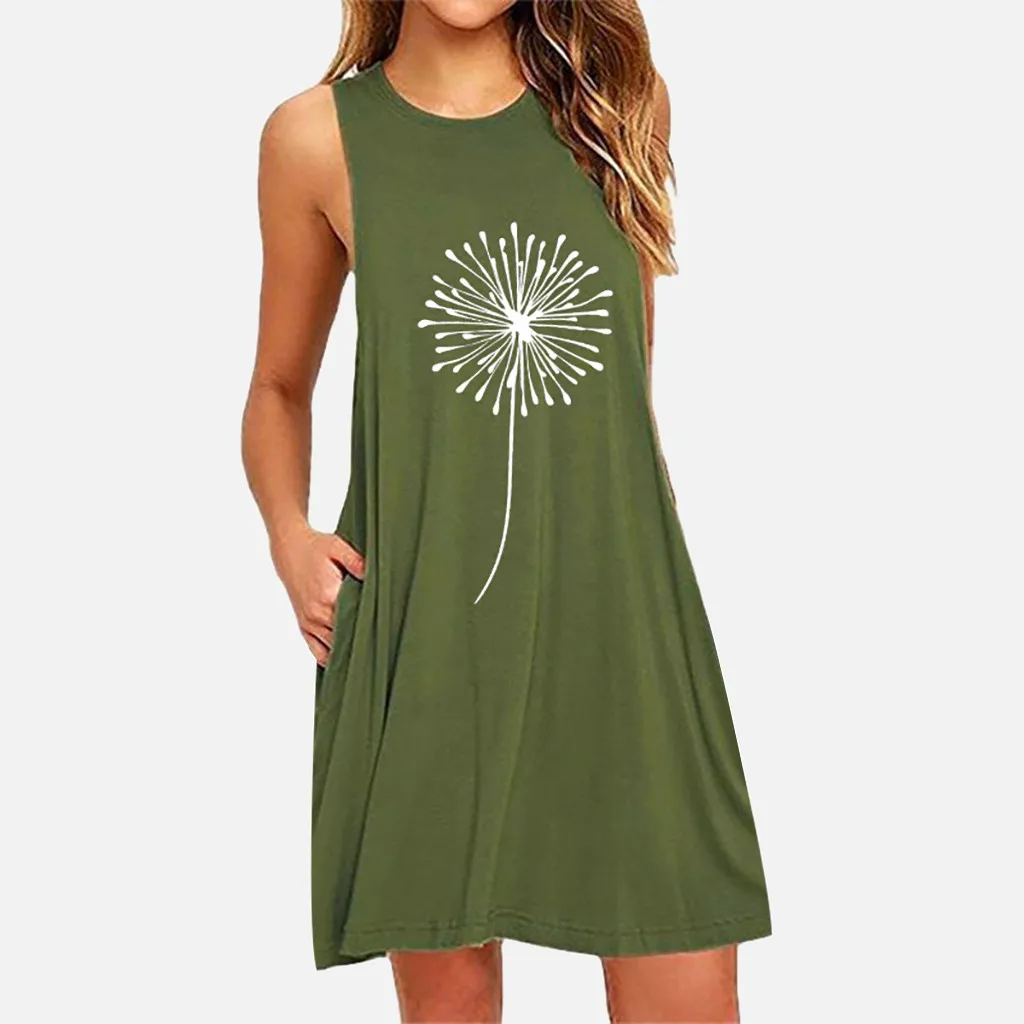 Women's Summer Casual Swing T-shirt Dresses Dandelions Printing Beach Cover Up With Pockets Loose T-shirt Dress robes pour femme