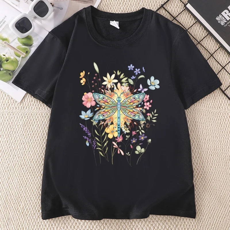 Bright Dragonfly T Shirt Cute Women T-shirt Boho Girly Floral Printed Tshirts Casual Cotton Short Sleeve Round Neck Tees Ladies