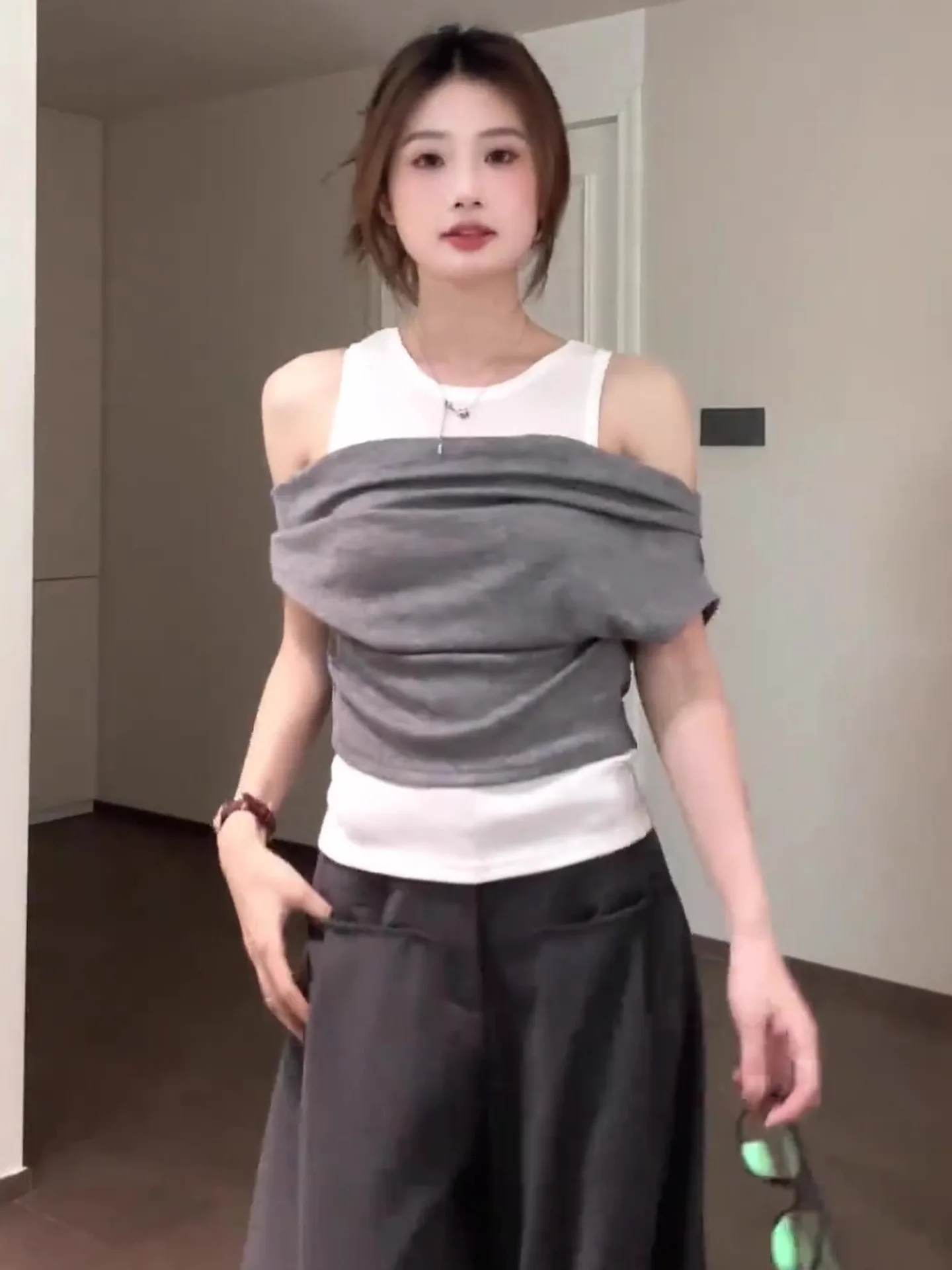 Faionable Summer ort Sve Camiseta Prendas de abrigo para mujer Falso de dos piezas con hombros descubiertos Chaleco picante para niña Top Commute Sle Sli...