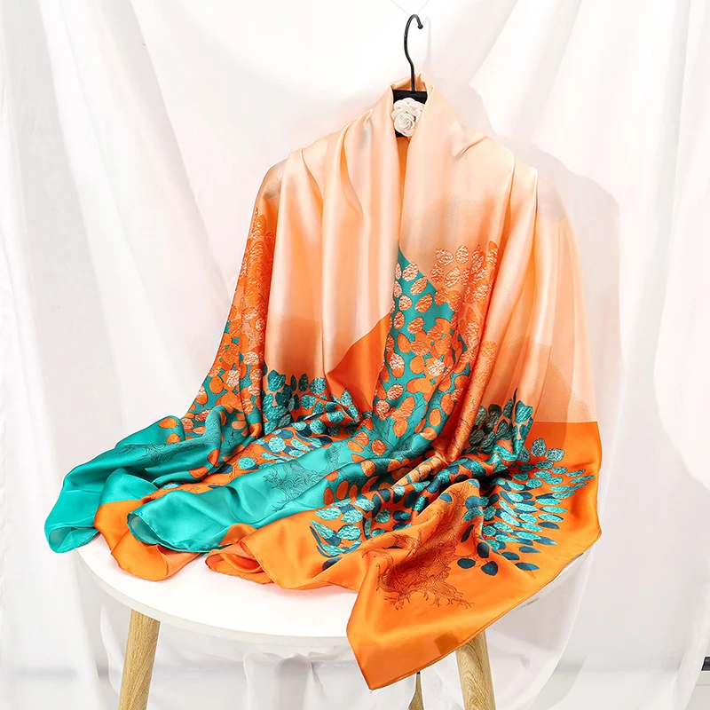 Ladies Printed Silk Shawl Brocade Satin Leaf Pattern Scarf Big Size Long Shawls Travel Sun Protection Cape 180*85cm