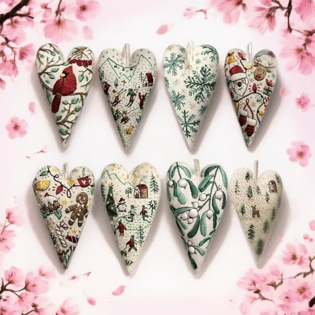 

Finished Product 8Pcs Finished Festive Decor Kit with Christmas Tree Designs, Ready to Hang Holiday Embroidery Set,Heart Shaped