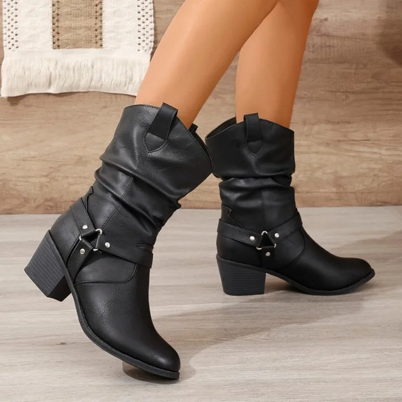 Womens Mid-Calf Boots Retro Stacked Short Boots Luxury Casual Leather Boots for Women Fashion Western Knight Boot Botas De Mujer