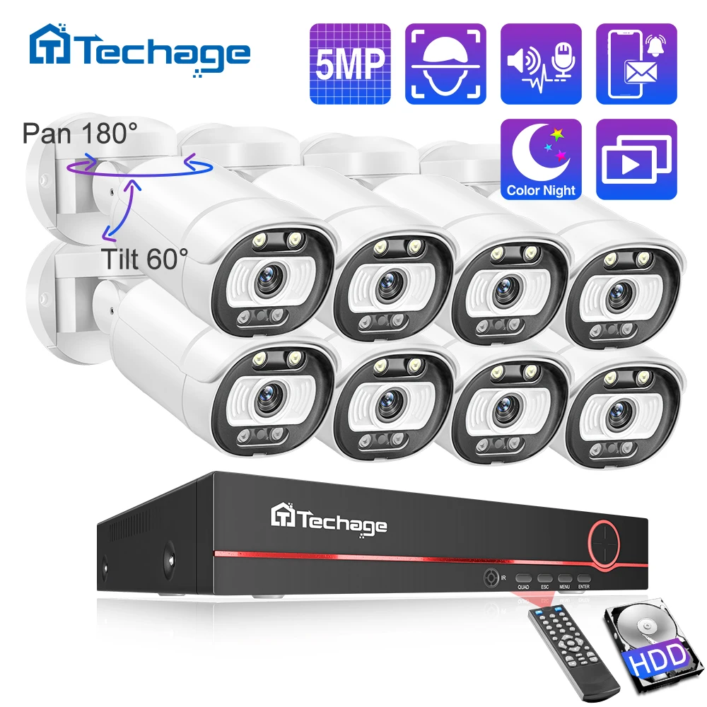 Système de caméra PoE Techage 8CH 5MP, sécurité CCTV, détection intelligente des visages par IA, audio bidirectionnel, enregistrement vidéo NVR, H.265, caméra de surveillance