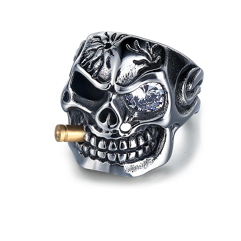 

5 pcs Hot Selling Halloween Gift Punk Style Skull Design Red/White Diamond Cubic Zirconia Inlay Men Stainless Steel Rings