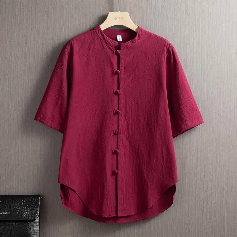 

Vintage Stand Collar Button Chinese Style Shirts Men's Clothing 2024 Summer New Loose Solid Color Casual Tops All-match Shirts