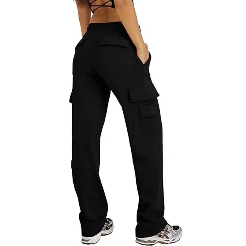 Women Cargo Pants Straight Leg Utility Pants Mid Waist Y2k Work Pants Multi Pocket Elastic Waist Cargo Trousers Solid Grey Black