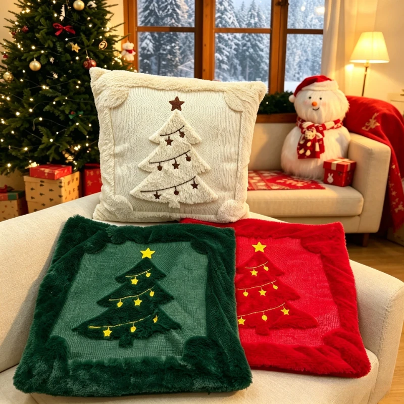 Green Christmas Throw Pillow Covers 18x18inch Christmas Tree Pillow Cases Faux Fur Decoration Home Patio Couch Sofa Ornament
