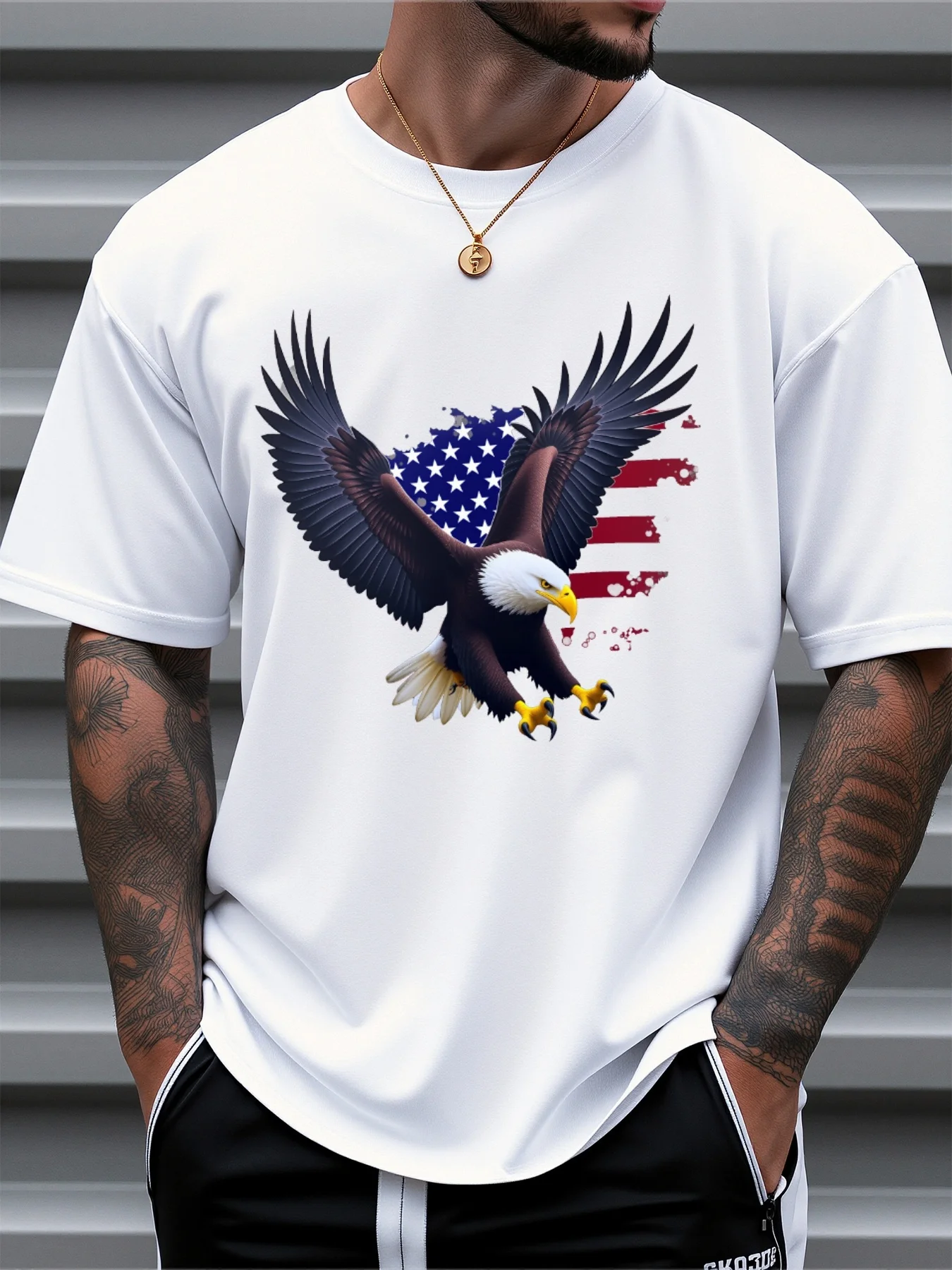 남성용 애국 독수리 프린트 티셔츠 - 미국 국기 디자인, 네이비 블루 캐주얼 반소매
