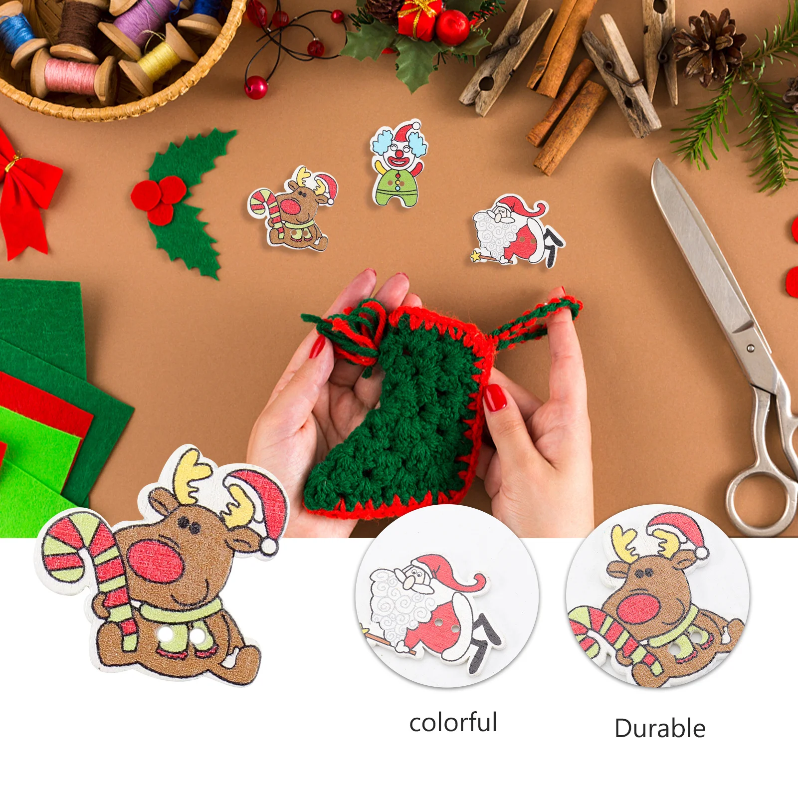 

50Pcs Holiday Fashion Embellishments Mixed Santa Snowman Design Wooden Buttons for DIY Arts Crafts Sewing Scrapbooking 2 Hole